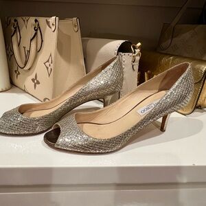 **Sold****Jimmy Choo Silver/Gold Kitten Heel Pumps